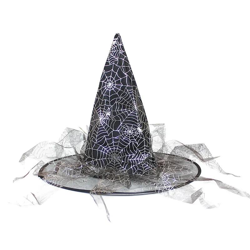 Halloween Witch Hats With Spider Web Veil For Women Costume Party Hats Wizard Hat Magican Halloween Headdress Party Caps Favors