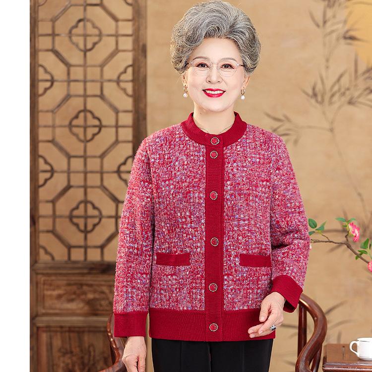 Velvet Thickened Spring and Autumn Grandma Sweater Clothes Middle-aged and Elderly Mother Elderly Sweater Cardigan Jacket