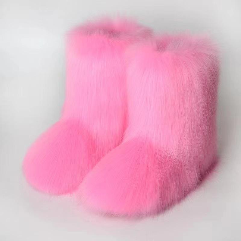 Winter Frauen Flauschigen Faux Fuchs Pelz Stiefel Frau Plüsch Warme Schnee Stiefel Luxus Schuhe Mädchen Furry Pelz Bottes Mode Winter schuh 39 rosa