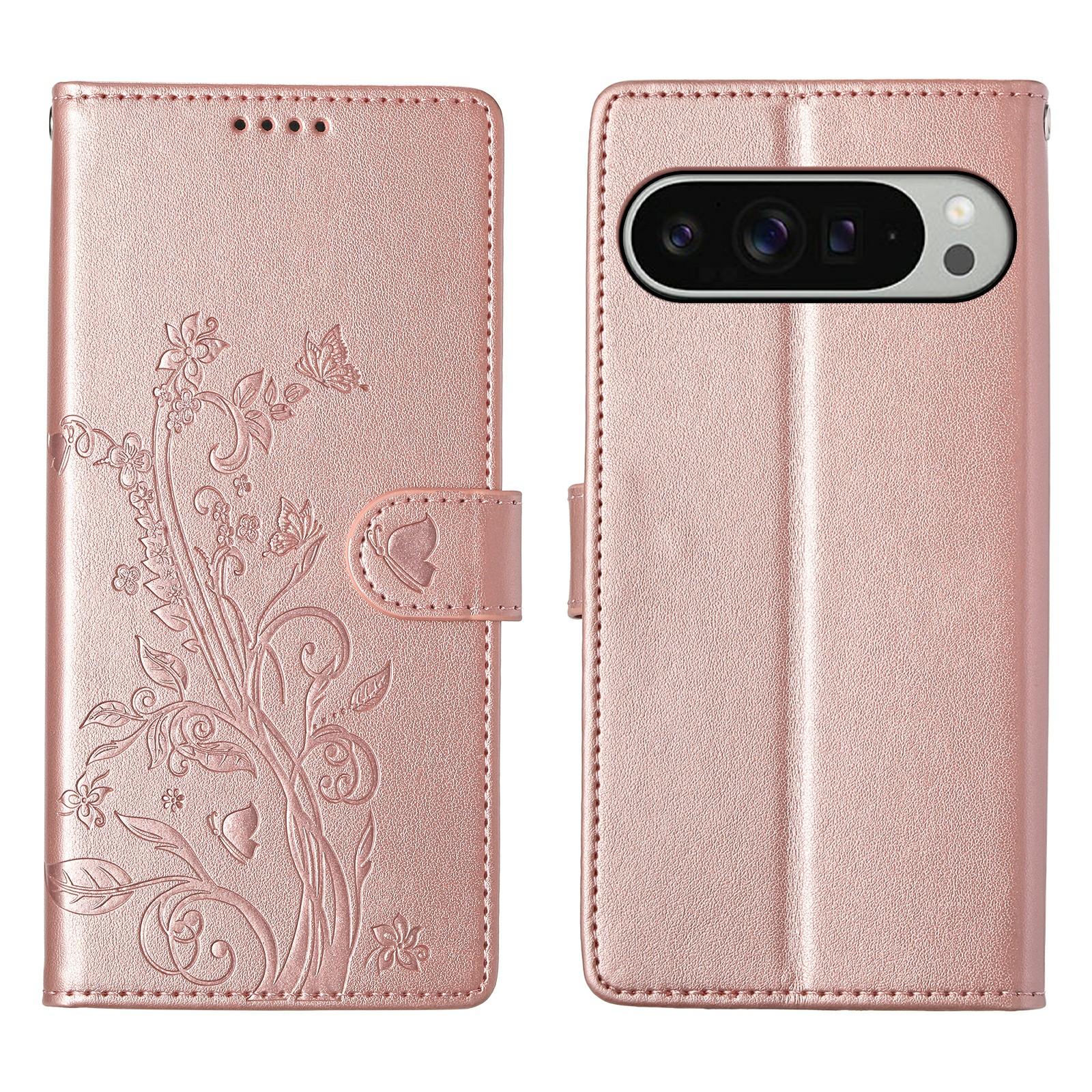 

For Google Pixel 9 Pro XL Wallet Case Butterfly Floral Imprint PU Leather Phone Cover with Wrist Strap Rose Gold
