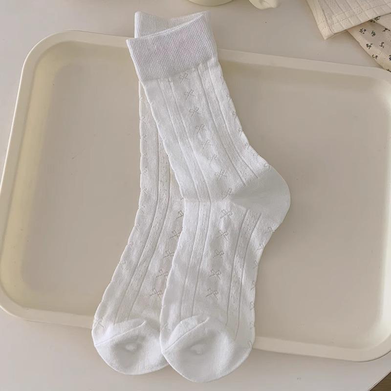 Women's Spring and Summer Thin Bow Tied Pure Cotton Mesh Mid Calf Socks