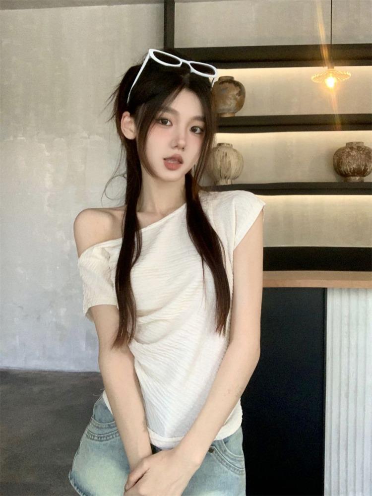 Women Summer Cropped T-Shirt Off Shoulder Sexy Slim Fit Short Sleeves Tops Fashion Sensibility Design Solid Elegant Clothing