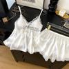 Women's Summer Ice Silk Lace Camisole and Shorts Set with Chest Pads
