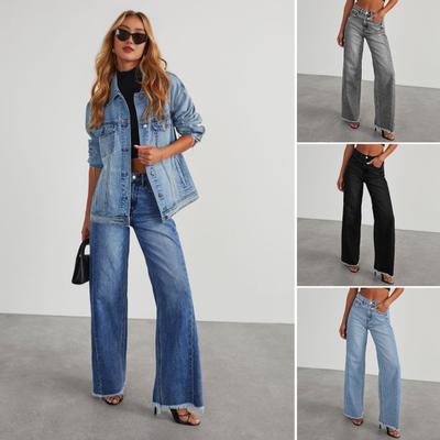 Damen Stretch-Jeanshose mit hoher Taille und weitem Bein, lässige Jeanshose mit geradem Bein, ausgefranstem Saum und Taschen