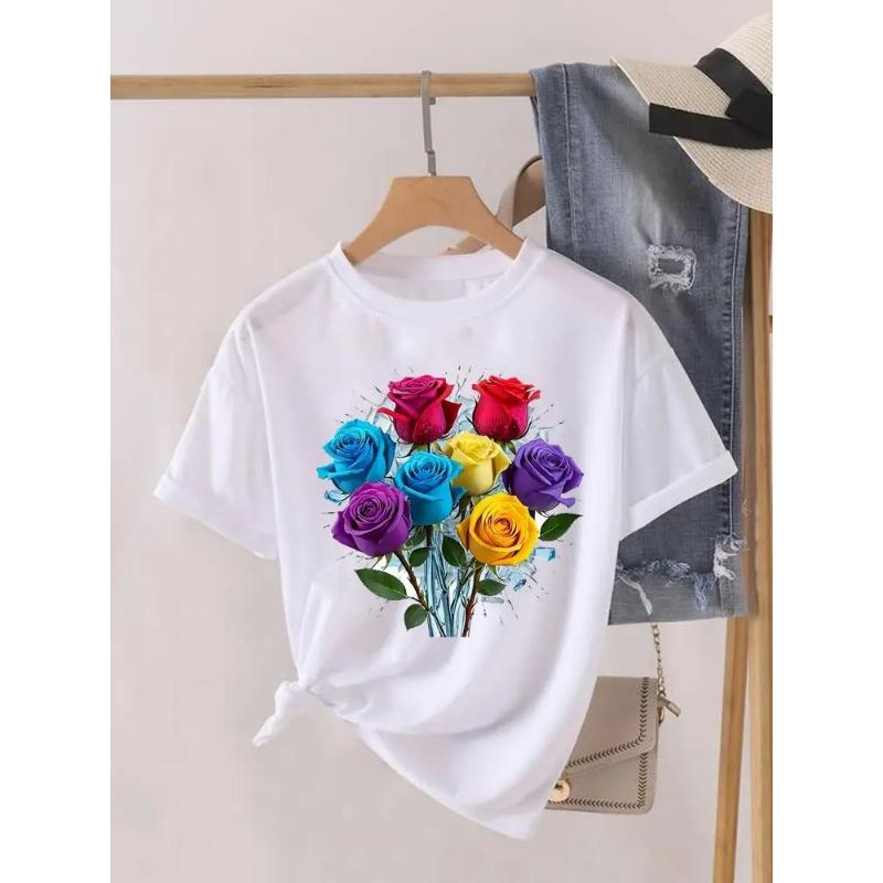 

Женская футболка с принтом, с коротким рукавом, летняя, модная одежда, графические футболки, акварельный цветок, милая одежда, повседневная футболка для леди S
