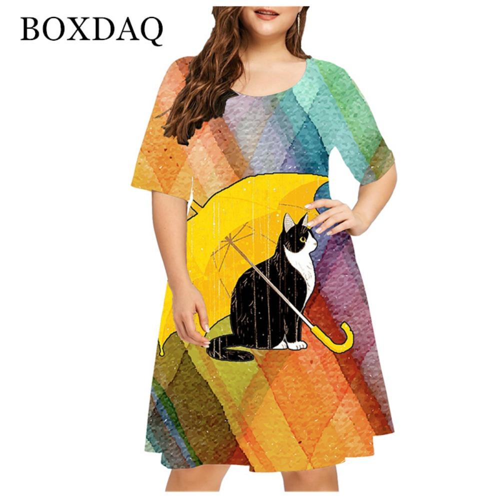 New  Summer Women Cute Cat Print Dress Casual Short Sleeve Ladies Mini Dress Street Fashion Plus Size Women Clothing