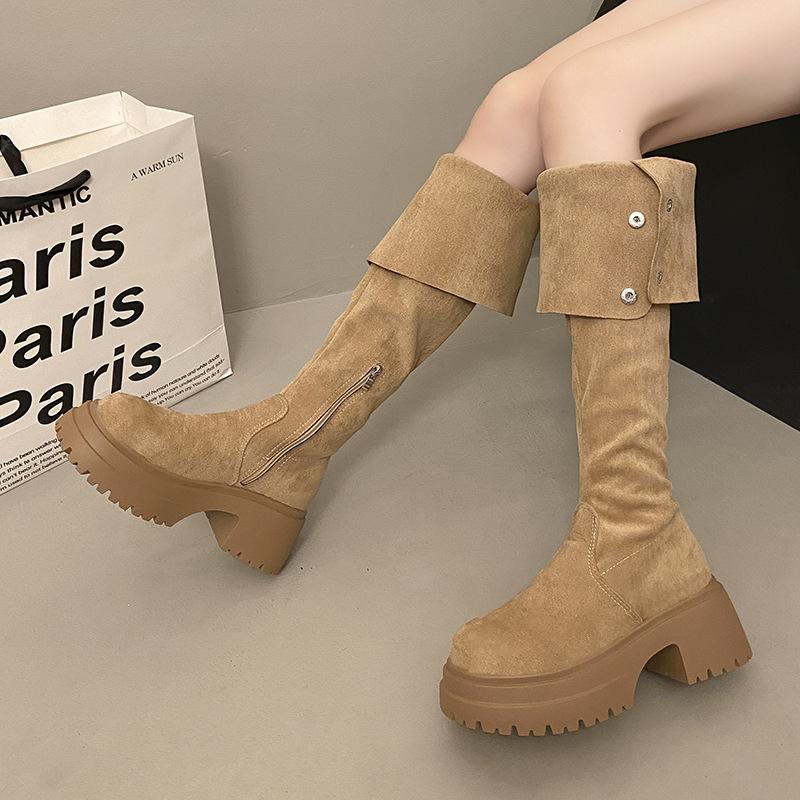 Bottes cuissardes pour femmes automne-hiver 2025 nouveau, les petites personnes gagnent en hauteur, et deux façons de porter des bottes Maillard pliées, bottes longues.