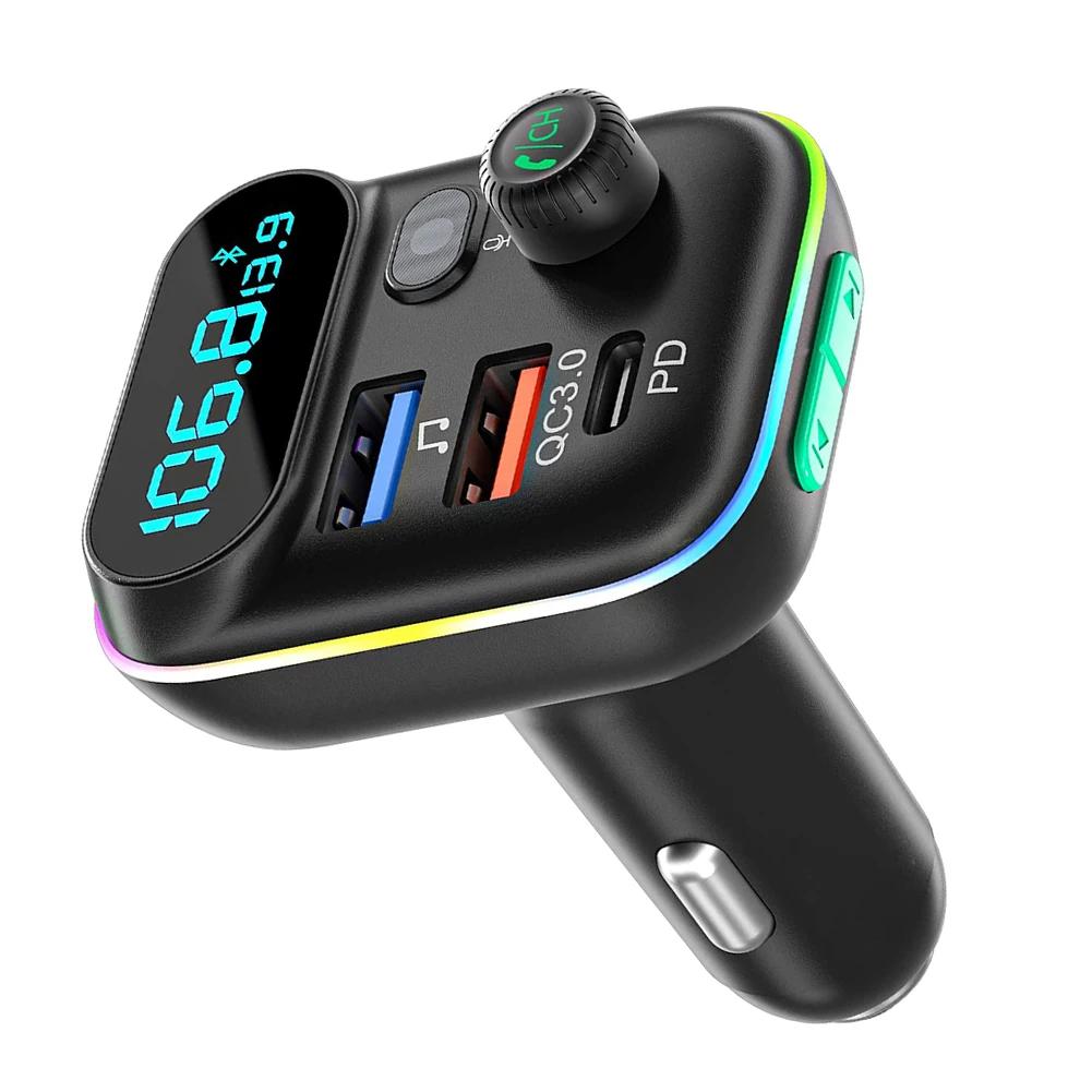 Rychlonabíječka do auta Bluetooth 5.0 FM vysílač PD Duální Přehrávač Hudby Typ-C Barevné Okolní MP3 Světlo Zásuvka Zapalovače USB