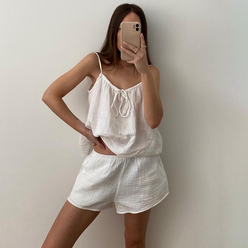 Crepe Cotton Breathable Loose and Comfortable Summer Suspender Shorts Pure Cotton Cotton and Silk Pajamas Set Home Women
