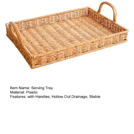 Rattan Braided Serving Tray with Handles Hollow Out Drainage Stable Smooth Edge No Deformation Home Fruit Snack Tea Cups Bread Serving Pallet Holder