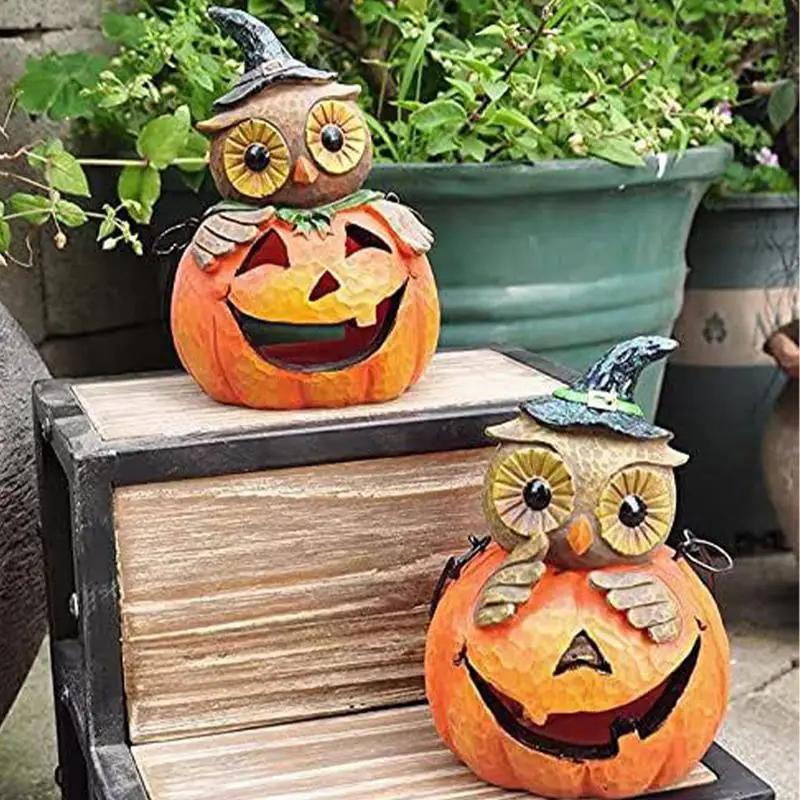 Outdoor Owl Pumpkin Lantern Light Up Pumpkin Ornaments with LED Owl Lamp Halloween Decoration Easy To Carry with Built-in Handle