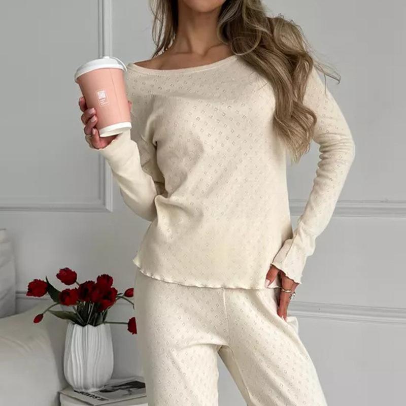 New cotton knitted pajamas set, spring and autumn long-sleeved casual fashion loungewear, exquisite two-piece set
