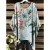 T-shirt da Donna Stampa Floreale Colorata Girocollo Top Orlo Irregolare Manica Corta Taglie Forti Abbigliamento da Donna Casual per Esterno