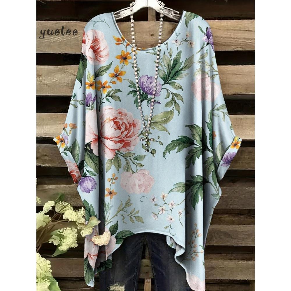 T-shirt da Donna Stampa Floreale Colorata Girocollo Top Orlo Irregolare Manica Corta Taglie Forti Abbigliamento da Donna Casual per Esterno