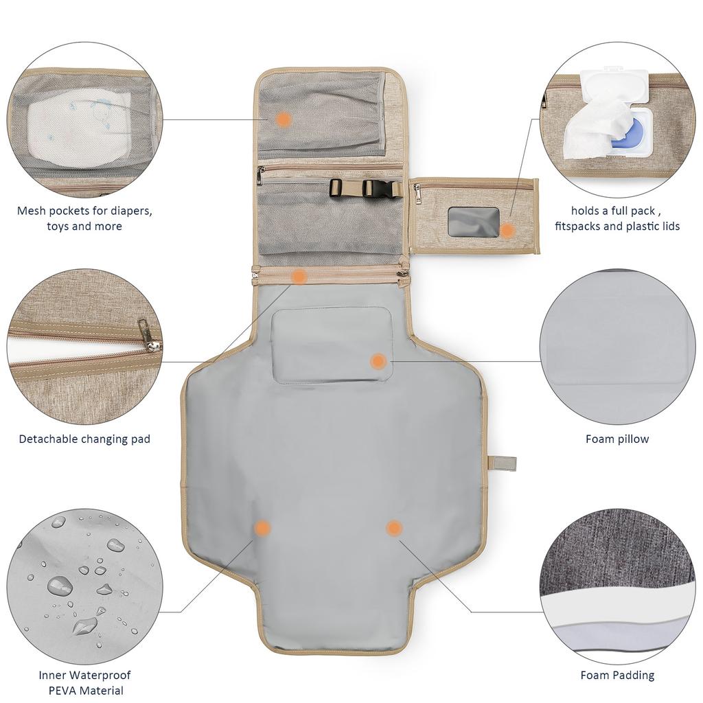 3 In 1 Diaper Changing Pad Portable Baby Changing Pad with Pockets Waterproof Travel Diaper Changing Hand Folding Diaper Bag