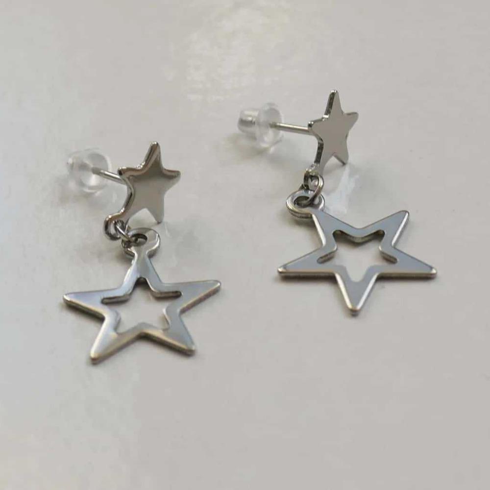 Fashion Simple Silver Color Stainless Steel Hollowed-out Five-pointed Star Pendant Star Stud Earrings for Women Piercing Jewelry