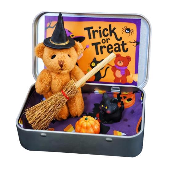 Halloween Bear In A Box for Trick or Treat Handmade Witch Bear In Box Miniature Plush Bear with Witch Hat Broom Pumpkin Cat for Halloween Party