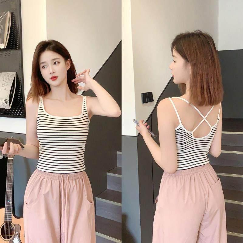 Striped Summer Camisole Vest with Chest Pads – Women's Cross Back Base Layer Outerwear