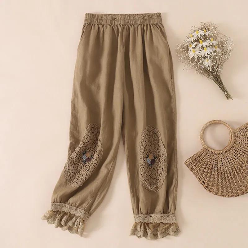 Women's Spring/Summer Vintage Embroidered Patchwork Lace Pants Japanese-Style Tapered Capri Pants