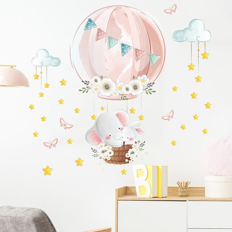 1 Pcs Cute Cartoon Animal Elephant Hot Air Balloon Wall Stickers For Children's Room Nursery Bedroom School Home Decoration