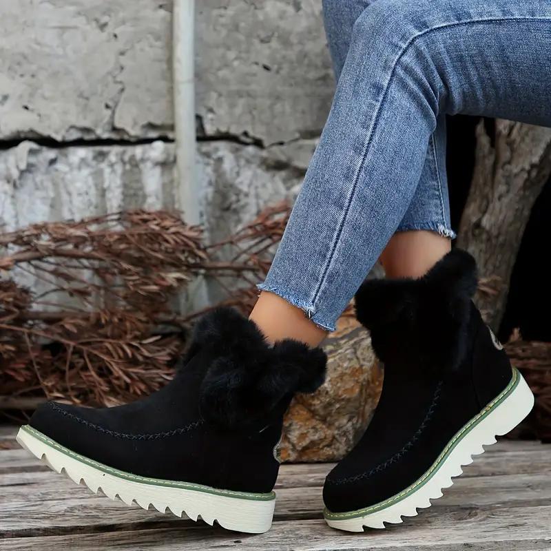 Botas de nieve de invierno nuevas con punta redonda y suela de bizcocho con boca peluda para mujer 2024, nuevo estilo de invierno con zapatos de algodón de tubo corto y cálidos afelpados