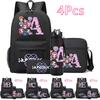 4Pcs/set 26 English Letter Kpop Printed Backpack Large Capacity Bookbag Shoulder Bag Case Bag with 750ml Water Bottler Boy Girl School Bag Kid Gift