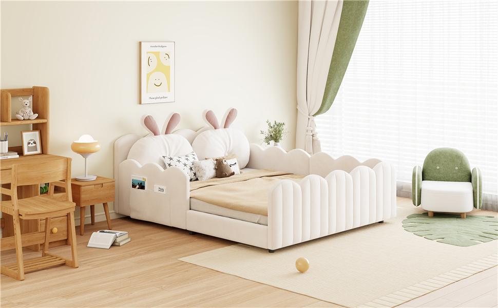 140x200 Upholstered Platform Bed with Rabbit-Shaped Cushion, Beige