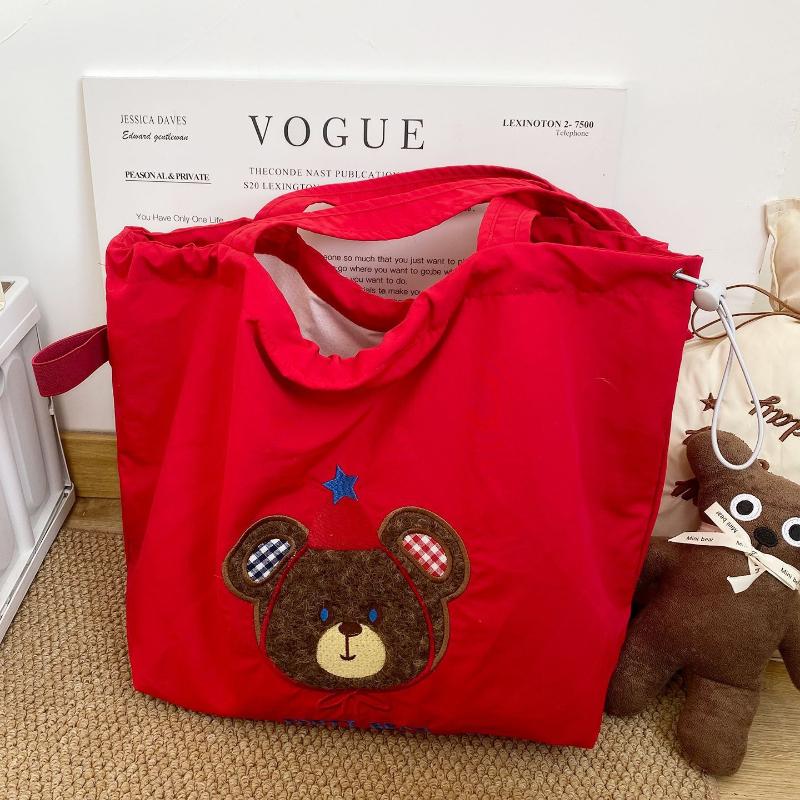 Cute Retro Embroidered Bear Nylon Women's Shoulder Bags Fashion Large Capacity Ladies Handbag Versatile Female Shopping Bag