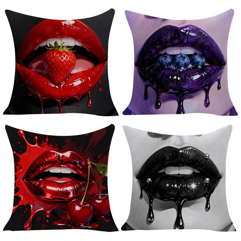 4Pcs Double-Sided Printed Pillow Covers, Bold Dripping Lips & Fruit Print Cushion Cases, Edgy Home Decor For Bedroom Living Room