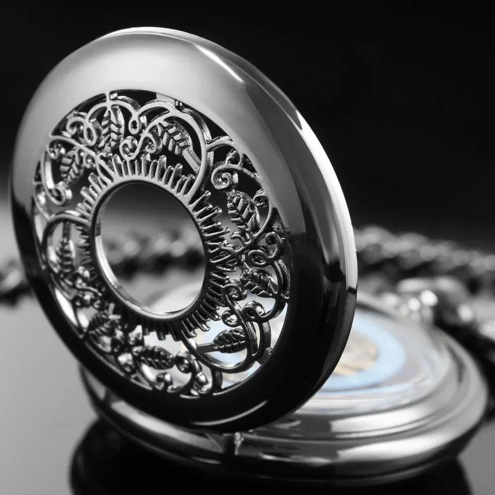 Black Vintage Skeleton Engraved Mechanical Pocket Watch with Chain Fashion Men Women Hand Winding Blue Roman Numerals Clock