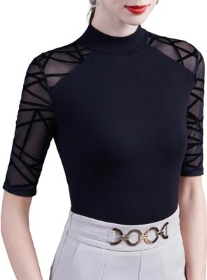 Yuoku Slim Fit Sheer Sleeve High Neck Stretch Elegant Modern Dance Mesh Short Perfect for and More Women's 5/8 Top, Blouse, Sleeve, Soft, Slimming,