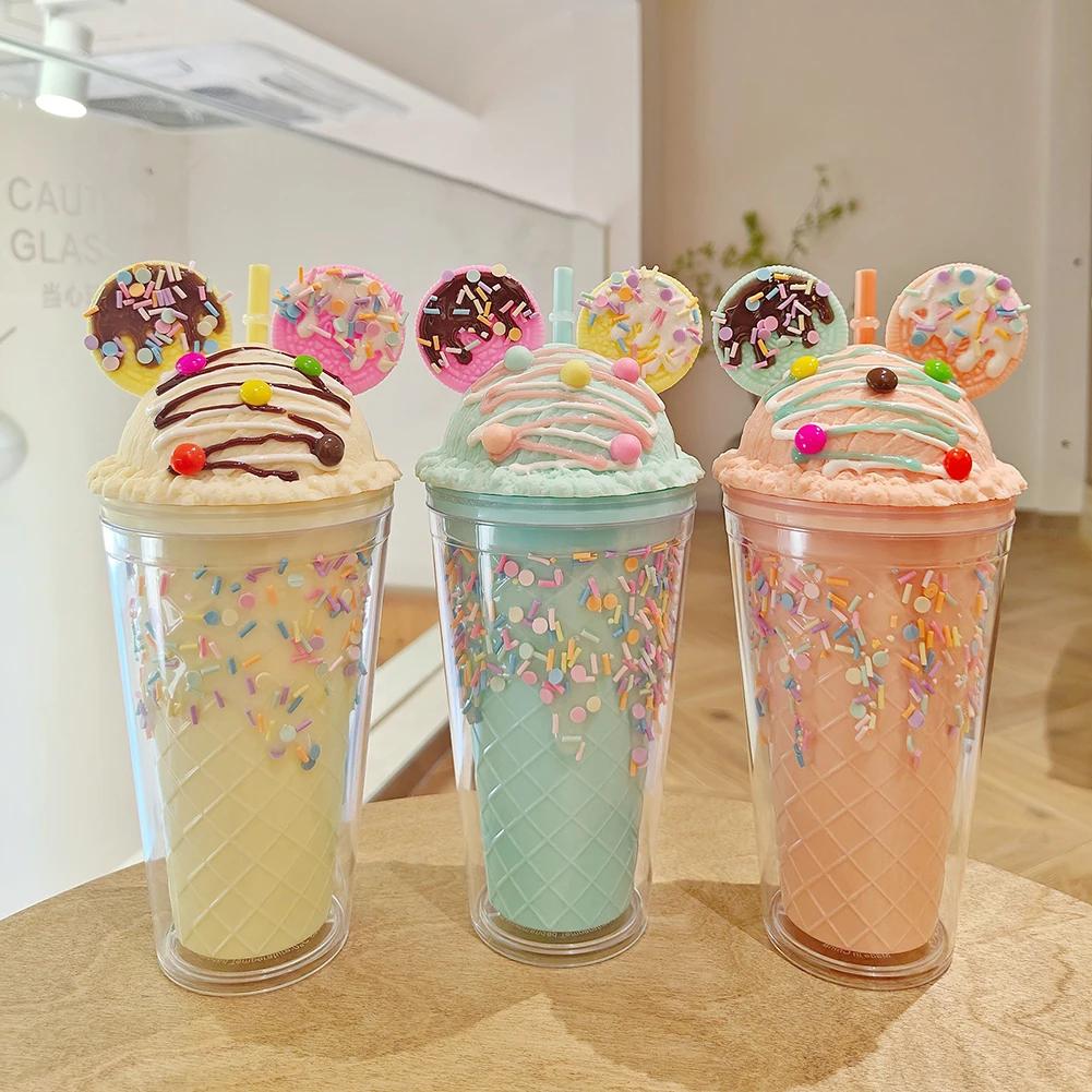 For 450ml Cute Straw Cup,Ice Cream Lids for Stanley Tumbler,Reusable Plastic Cups,Summer Drinkware Cold Brew,Girl Water Bottle G