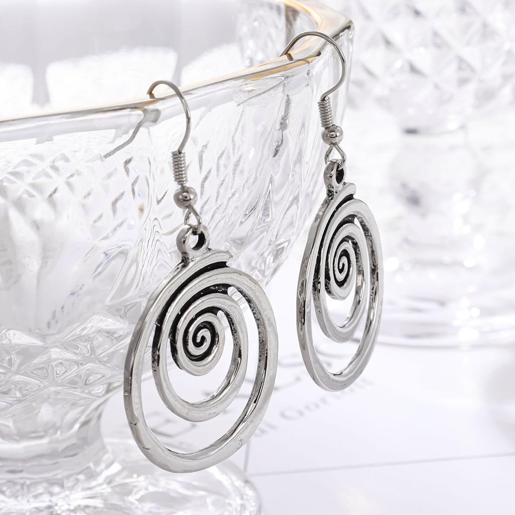 Ethnic Silver Color Metal Round Earrings Personality Retro Geometry Make Old Spiral Dangle Earrings for Women Accessories