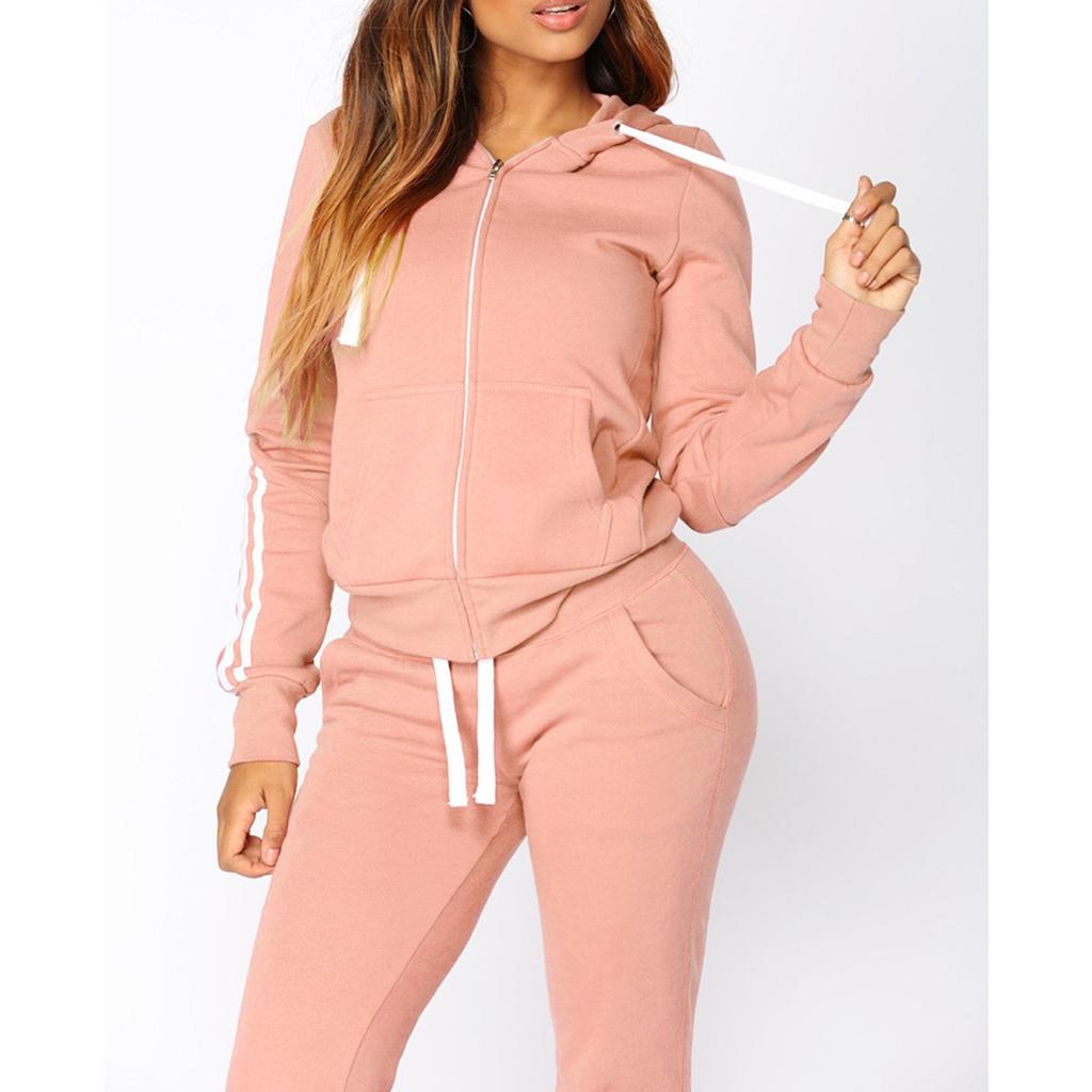 Fashion Women Casual Stripe Zipper Z długim rękawem Pullove Sportowe bluzki + długie spodnie