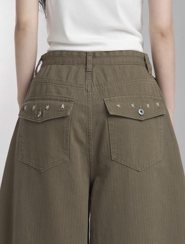 Lupeu Studded Back Pocket Cotton Balloon Long Pants Brown