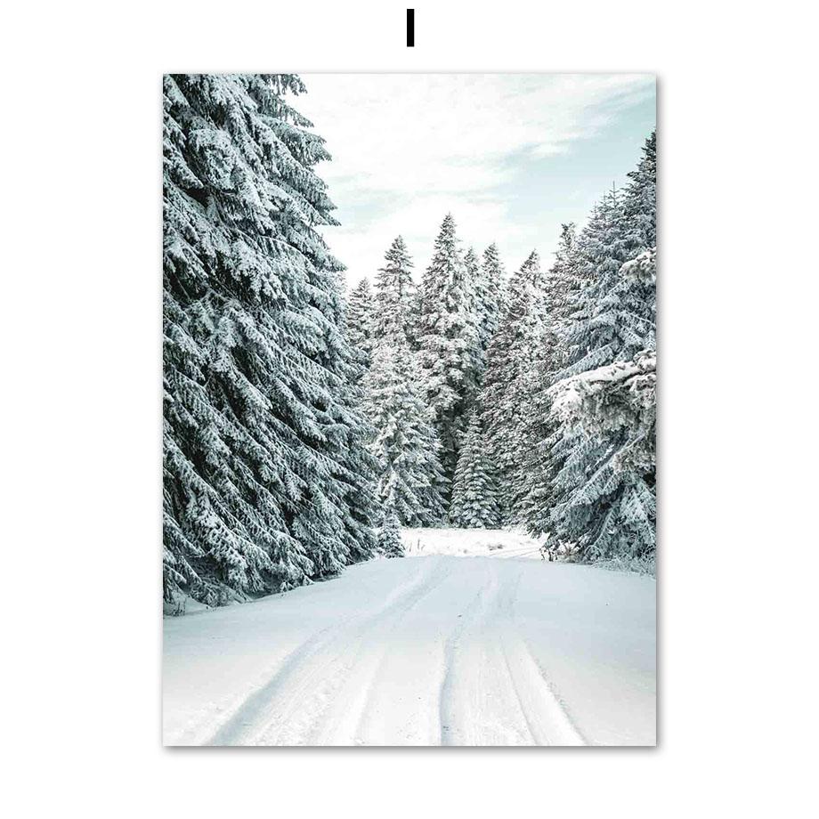 Vinter Snø Skog Fjell Furutre Elg Hjort Veggkunst Lerretsmaleri Plakater og utskrifter Veggbilder til stuedekor