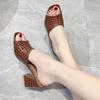 Gingham Hausschuhe Damen Neue Sommerschuhe Damen Dicke Absätze Hochhackige Sandalen Hausschuhe Mode Halbschuhe Damen Pantoletten Slides