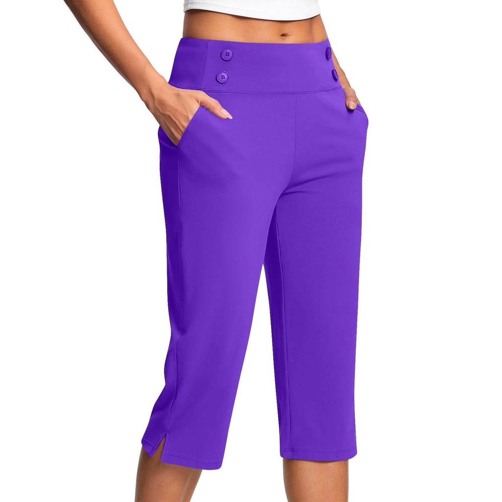 Pantalon court décontracté taille haute pour femme, couleur unie, avec poches boutonnées et ourlets fendus, idéal pour le sport et le yoga