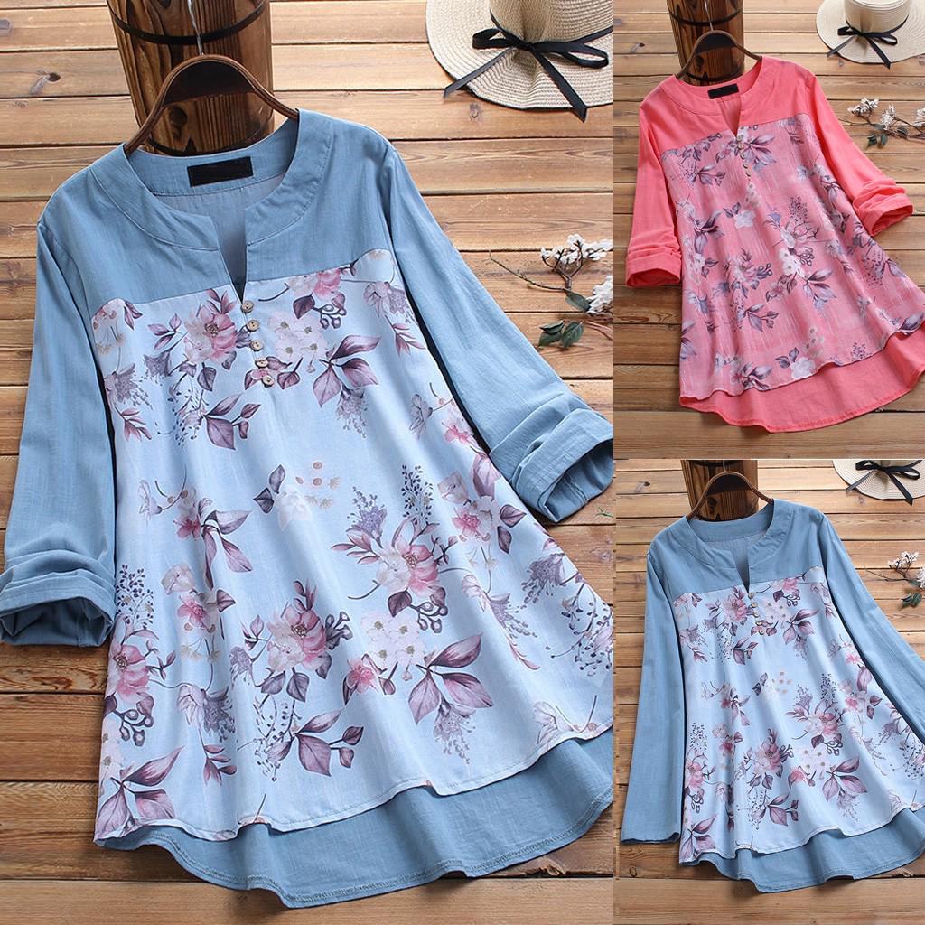 

Womens Casual Loose Print Button Long Sleeve Linen Plus Size Tanic Blouse Tops