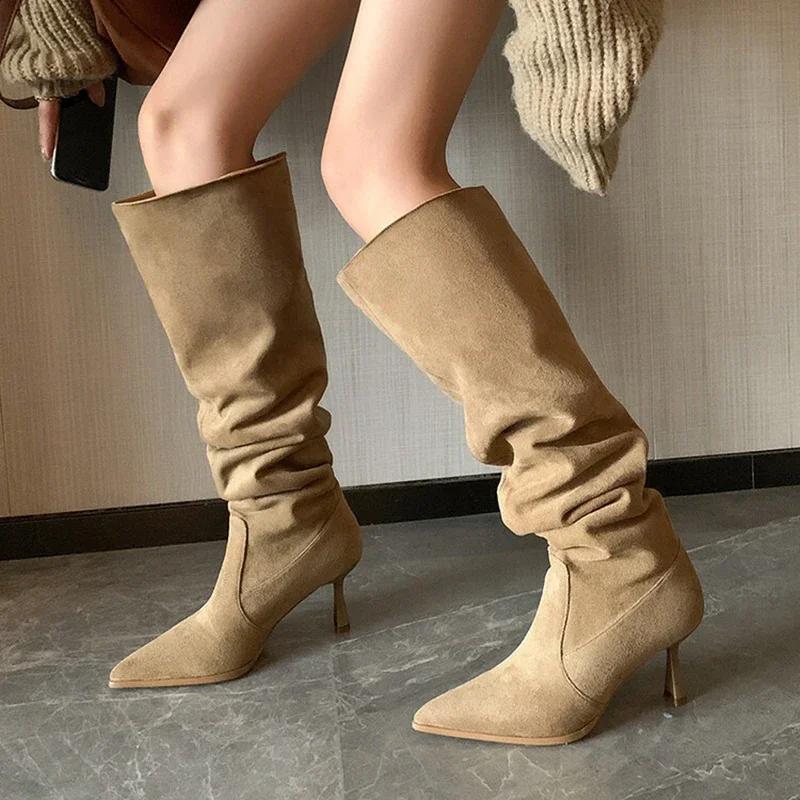Fashion Pleated Faux Suede Knee-High Boots Women Pointed Toe Slip-On Western Cowboy Boots Woman 2025 Autumn Thin Heels Long Botas Mujer