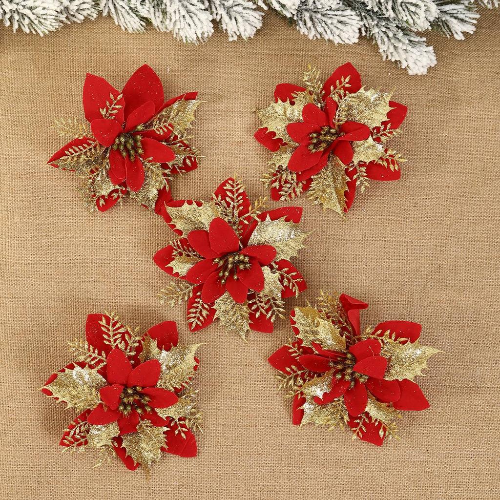 10 Stück Weihnachtsglitzerblumen Kunstblume Weihnachtsbaumschmuck für Zuhause 2025 Baumanhänger Ornamente Navidad