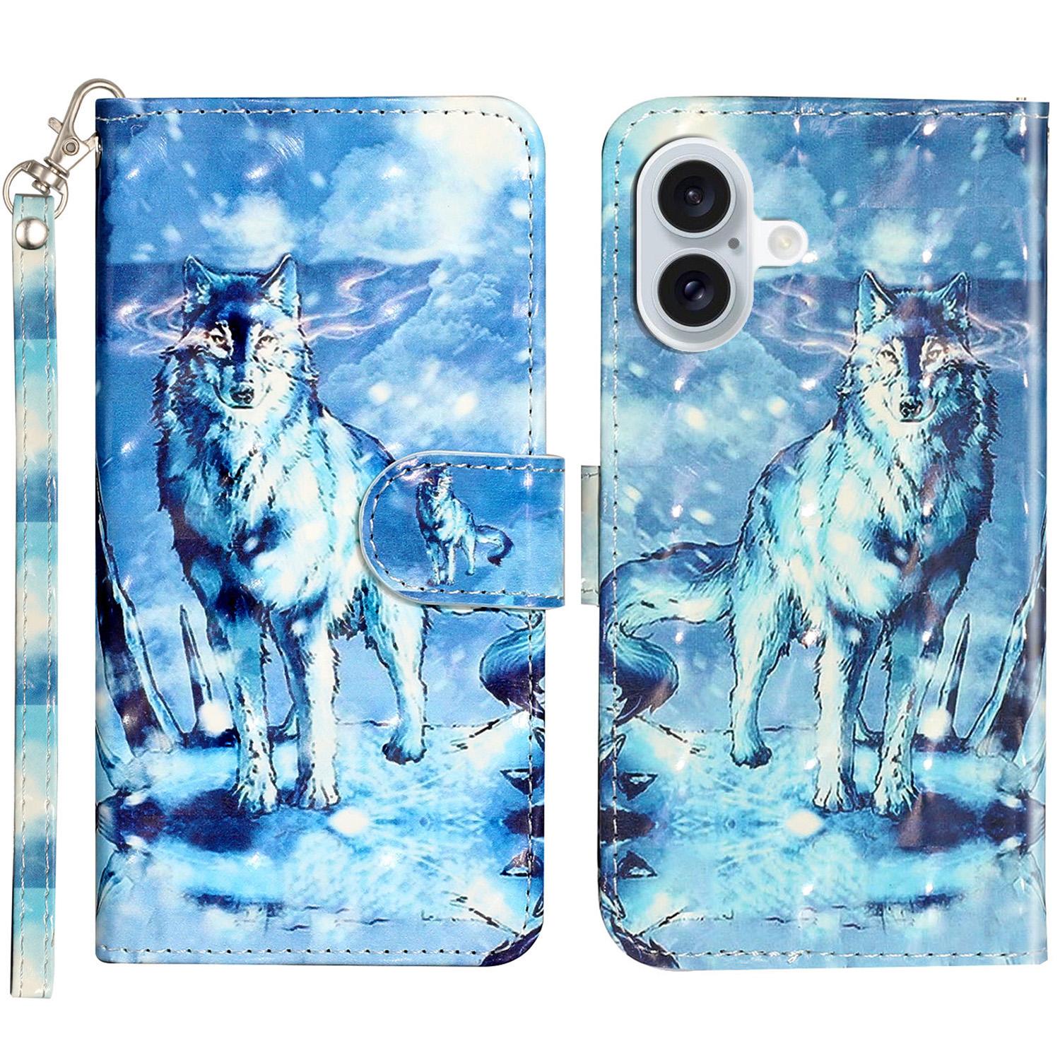 

For iPhone 16 Plus Case 3D Pattern Printed Leather Wallet Phone Cover Stand Bookstyle Snow Wolf