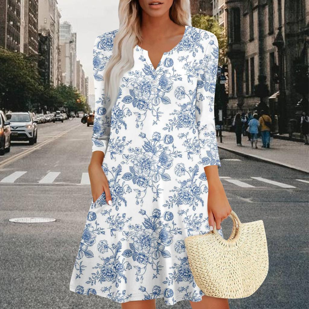 Women's Summer Dress Loose V Neck Three-quarter Sleeve Sundress With Pockets Dress