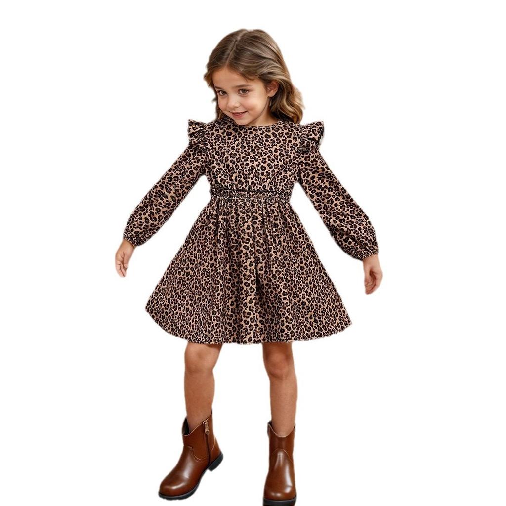 Rochie simplă cu mâneci lungi cu imprimeu leopard pentru fete Rochie dulce pentru copii
