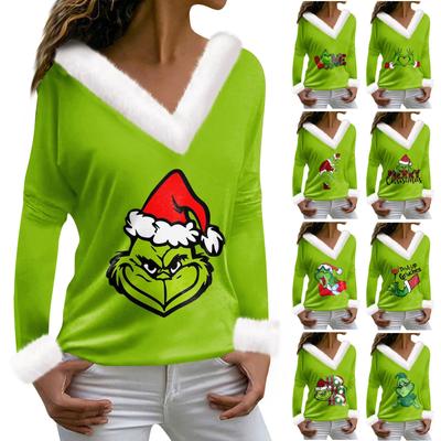Women's Plush V-neck Shirt Christmas Grinchmas Printed Long Sleeved Blouse Top