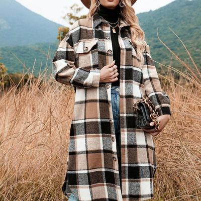 Womens Wool Blend Plaid Trench Coat Loose Fit Notched Lapel Mid-Length With Side Slit Fall Winter 2026