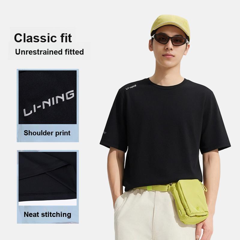 Li-Ning Fashion Versatile Solid Color Round Neck Pullover Short Sleeve T-Shirt Men Tops Black ATSW623-1