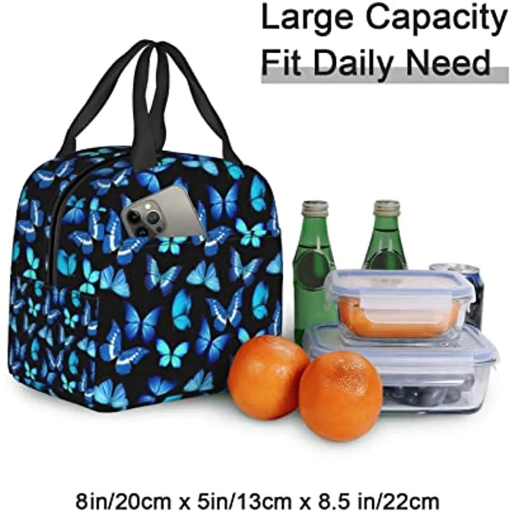 Insulated Lunch Bag Box for Women with Blue Butterfly Print Cute Lunch Cooler Thermal Waterproof Reusable Tote Bag with Pocket