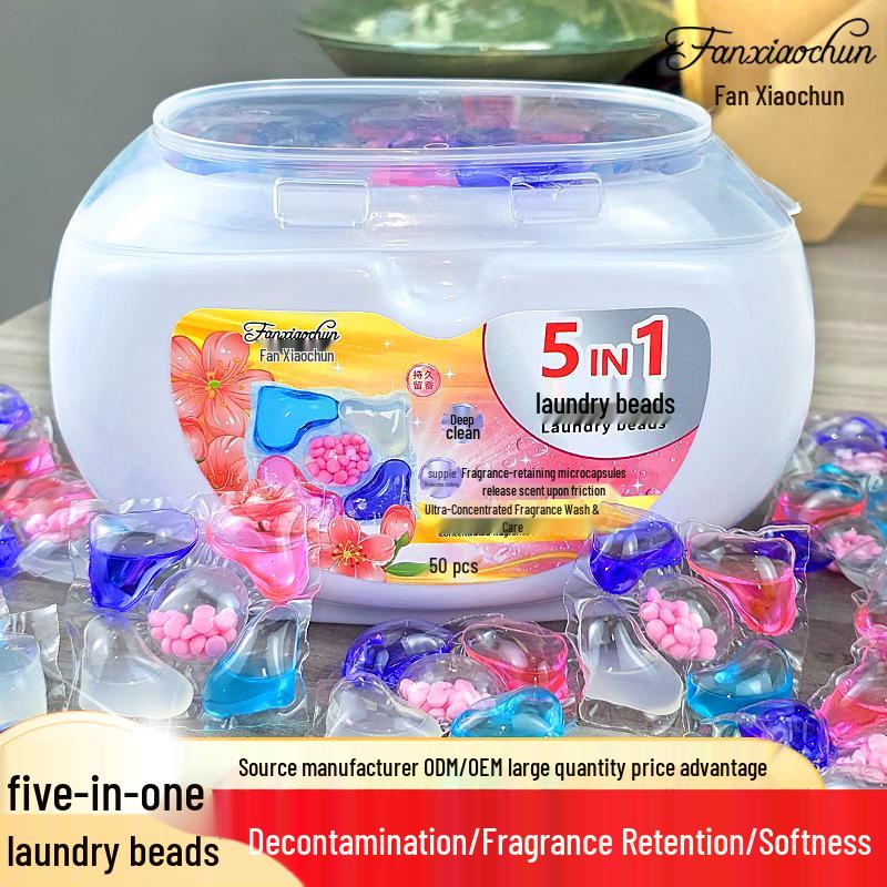 Box of 50, 5-in-1 Laundry Beads: Long-Lasting Fragrance, Softening, Cleaning, Stain Removal, Five-Chamber Pods.