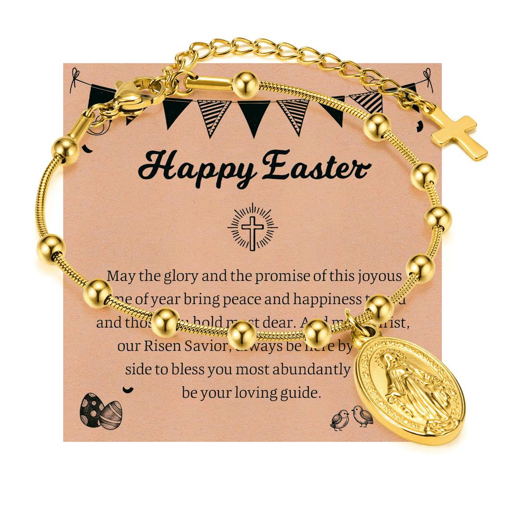 Vnox Rosary Bracelet with Easter Card, Gold Sliver Color Stainless Steel Religious Cross Virgin Mary Prayer Bracelets for Women